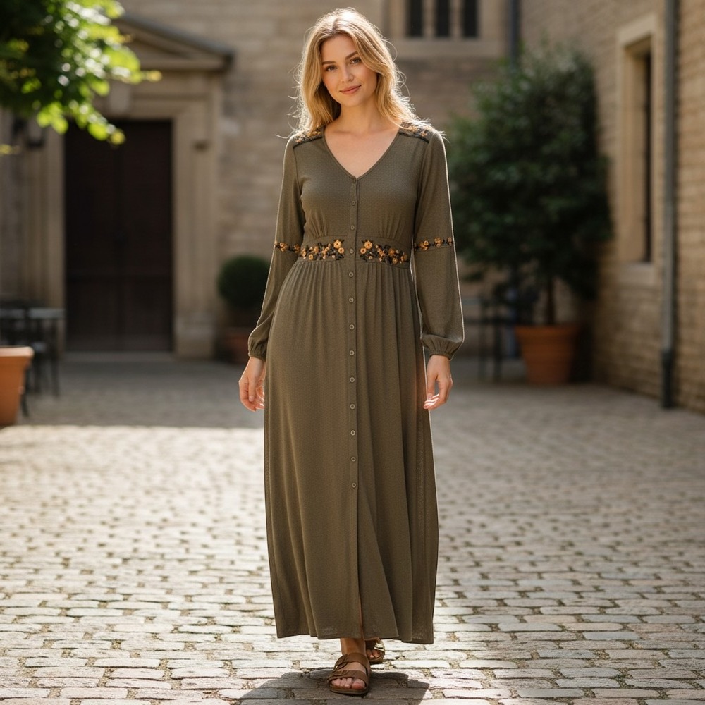 Garnet Hill Brown Organic Cotton Tencel Floral Embroidered Button Maxi Dress S